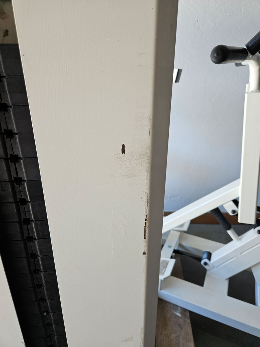 Multi-Form Galaxy, rowing with chest support, row, lat row, frame color white, used with signs of wear