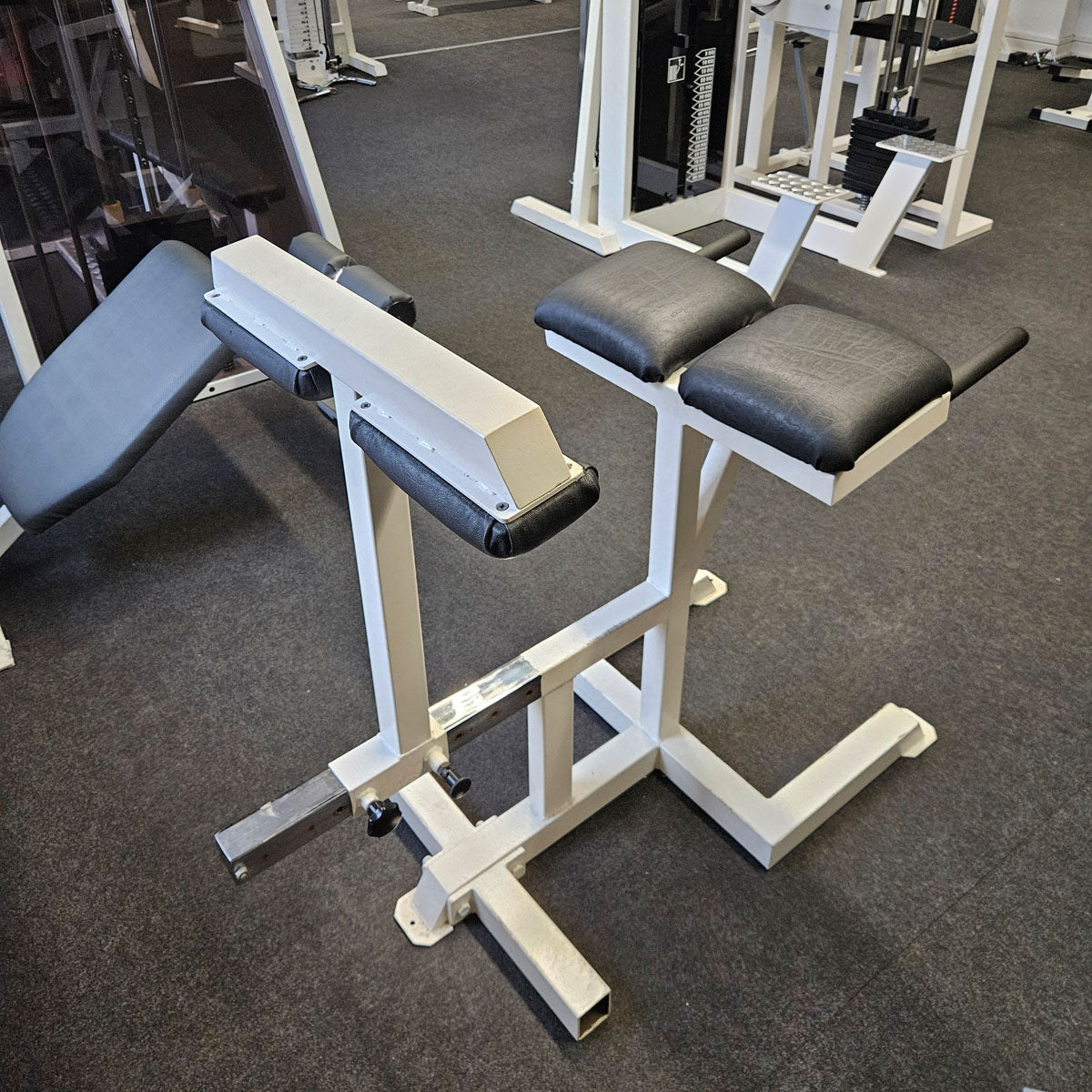 Rückenstreckerbank 90° Hyperextension verstellbar zum training der unteren Rückenmuskulatur, Oldschool Bodybuilding, Rahmenfarbe Weiß, gebraucht und geprüft mit Gebrauchsspuren