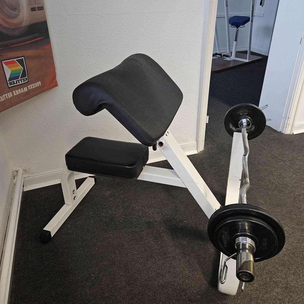 Scottcurl, Bizepsbank, SZ Curls, Rahmenfarbe Weiß, gebraucht mit Gebrauchsspuren