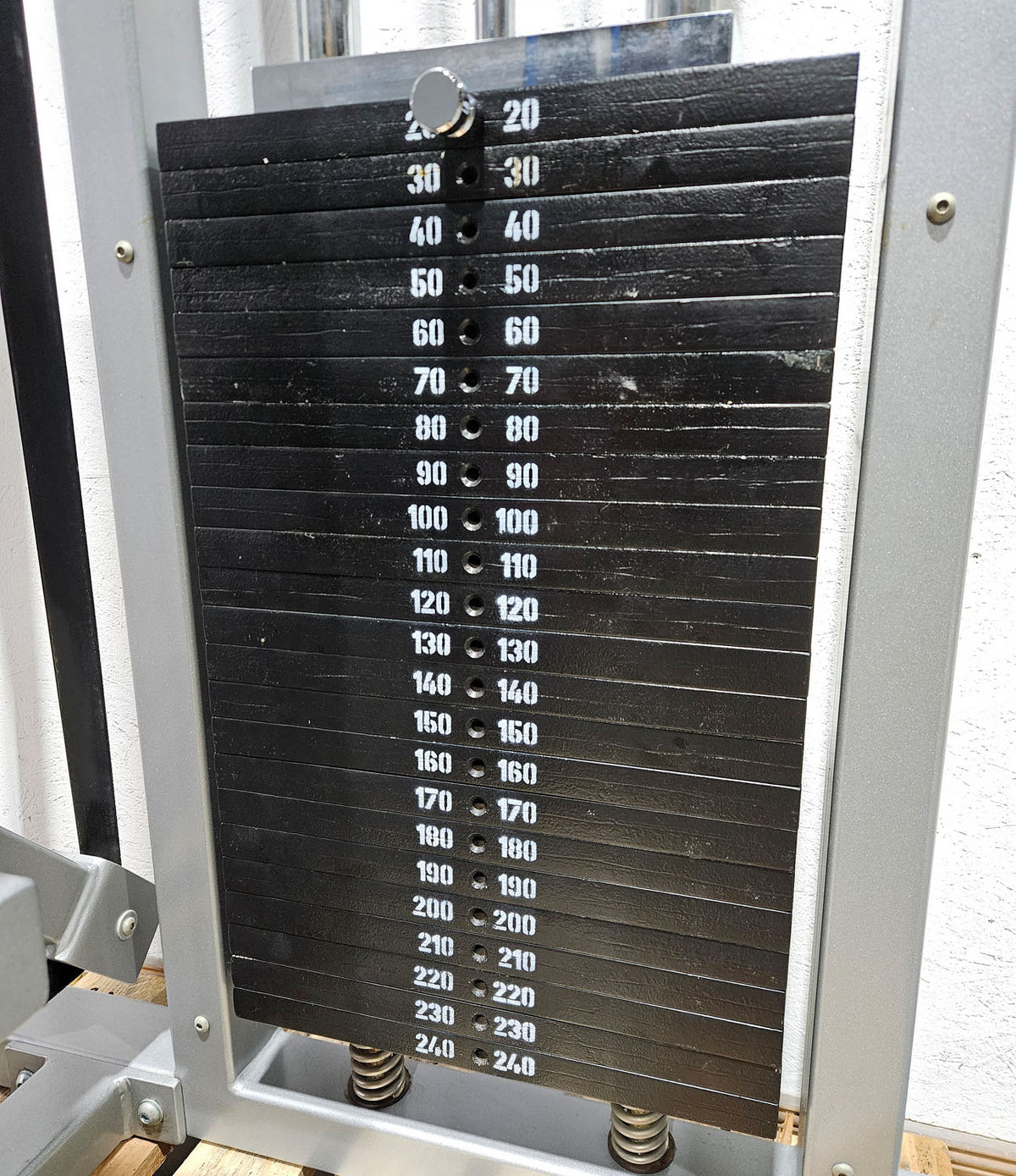 HBP Beinpresse liegend horizontal, Leg Press, großer 240kg Gewichtsblock, Bodybuilding Kraftgerät - Rahmenfarbe Silber, gebraucht - geprüfter Zustand