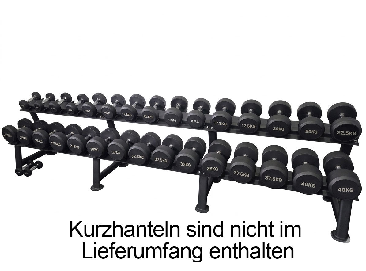 Ablage für Kurzhantelsätze, 2 Reihig für 15 Paare, Ständer / Regal für Hanteln, mit Ablageschalen, DankSport, Farbe Schwarz - NEU