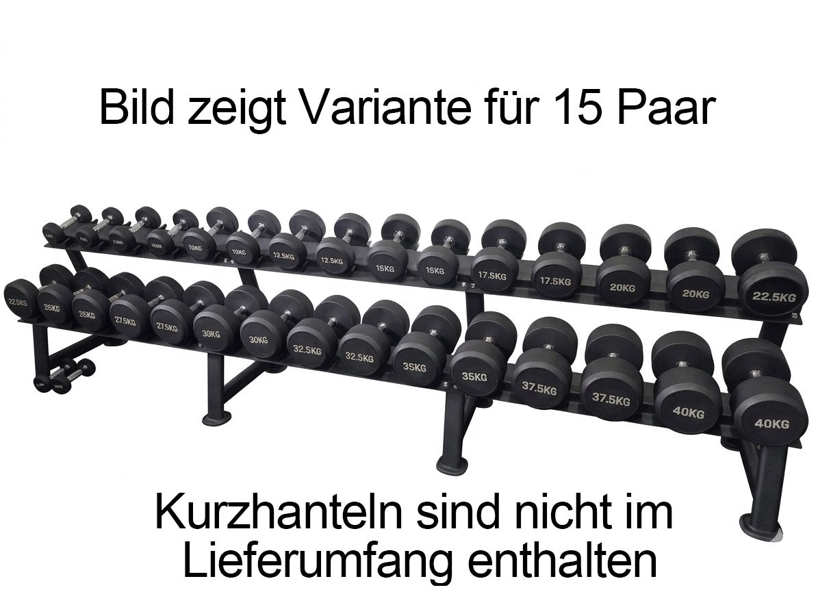 Ablage für Kurzhantelsätze, 2 Reihig für 25 Paare, Ständer / Regal für Hanteln, mit Ablageschalen, DankSport, Farbe Schwarz - NEU