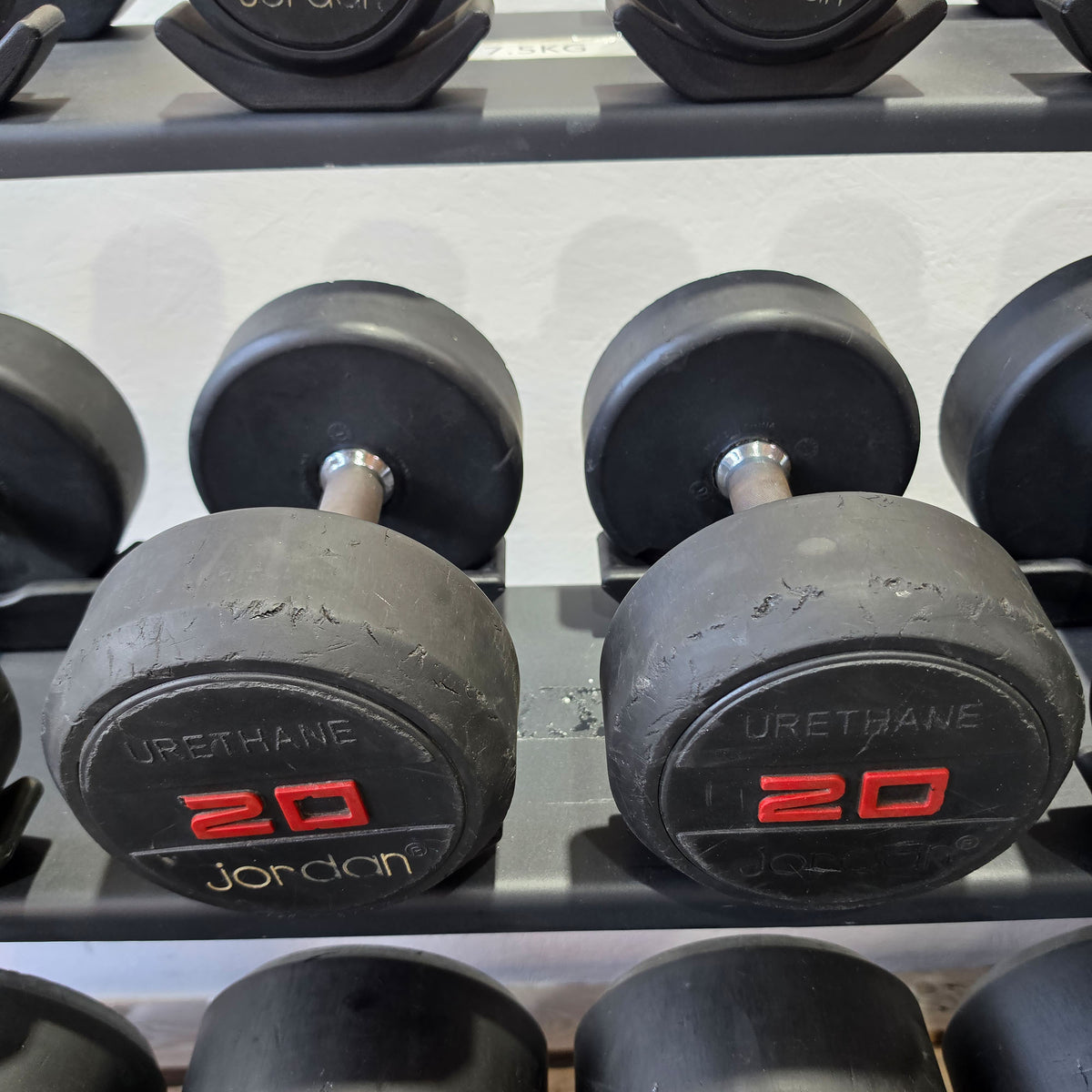 Jordan Kurzhantelsatz aus Urethane 2,5 bis 40kg in 2,5kg Stufen ( 16 Paare ) Material ähnlich Gummi bzw PU Polyurethane, INKLUSIVE Precor Kurzhantelablage, gebraucht - mit Gebrauchsspuren