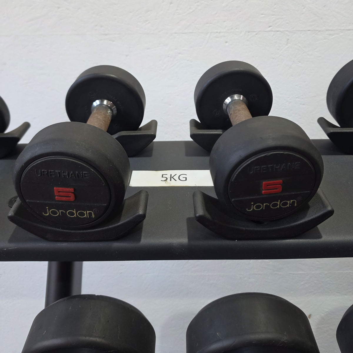Jordan Kurzhantelsatz aus Urethane 2,5 bis 40kg in 2,5kg Stufen ( 16 Paare ) Material ähnlich Gummi bzw PU Polyurethane, INKLUSIVE Precor Kurzhantelablage, gebraucht - mit Gebrauchsspuren