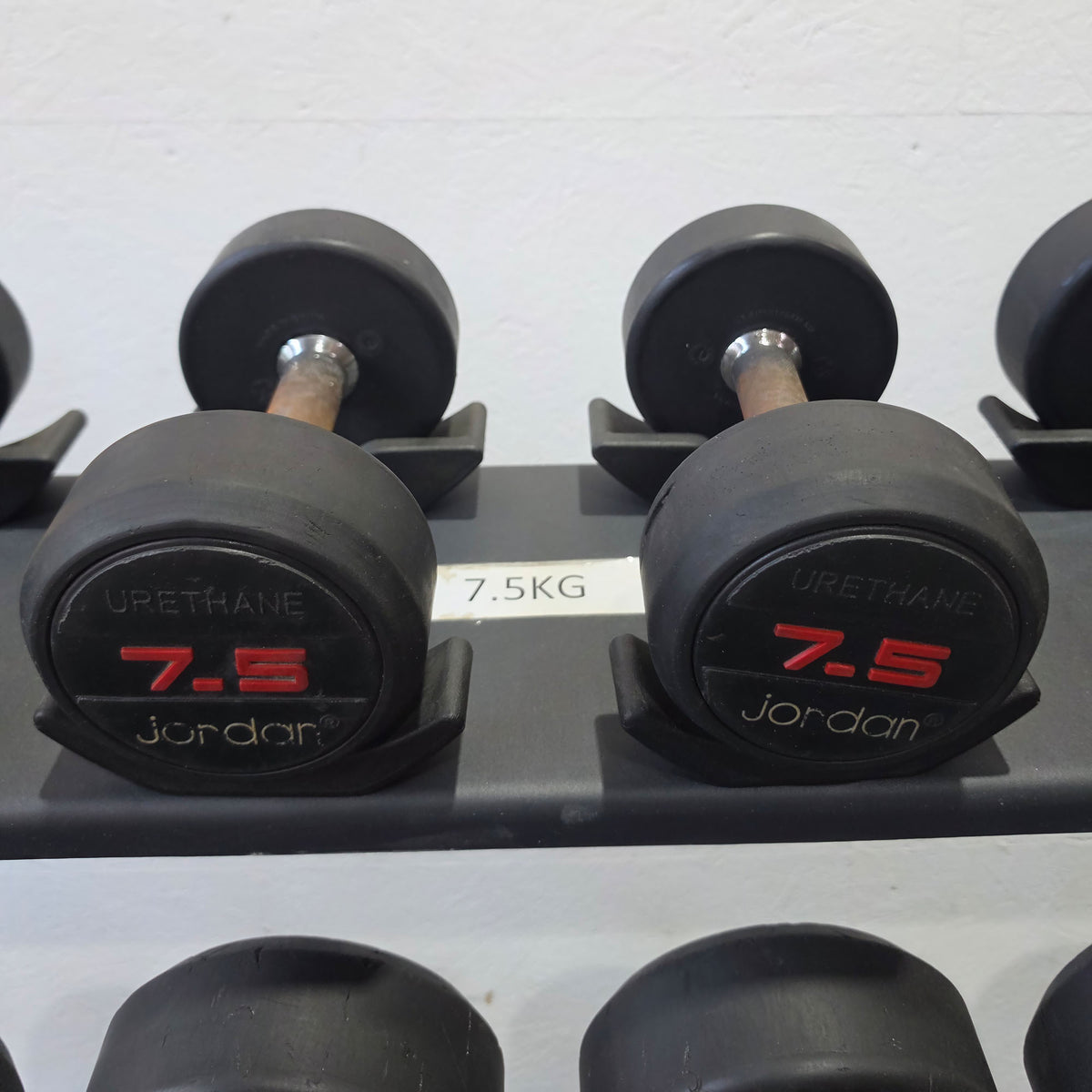 Jordan Kurzhantelsatz aus Urethane 2,5 bis 40kg in 2,5kg Stufen ( 16 Paare ) Material ähnlich Gummi bzw PU Polyurethane, INKLUSIVE Precor Kurzhantelablage, gebraucht - mit Gebrauchsspuren