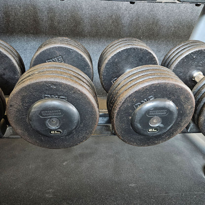 ElbeSport cast iron dumbbell set from 2.5 to 60 kg in 2.5 kg increments (24 pairs) Oldschool, INCLUDING dumbbell racks, used - with signs of wear