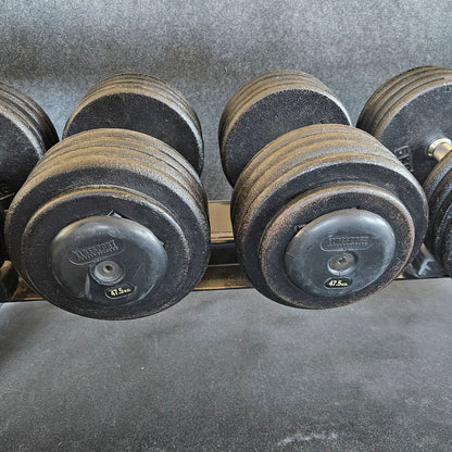 ElbeSport cast iron dumbbell set from 2.5 to 60 kg in 2.5 kg increments (24 pairs) Oldschool, INCLUDING dumbbell racks, used - with signs of wear