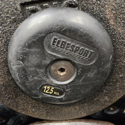 ElbeSport Kurzhantelsatz aus Guss von 2,5 bis 50kg in 2,5kg Stufen ( 20 Paare ) Oldschool, INKLUSIVE Kurzhantelablagen, gebraucht - mit Gebrauchsspuren