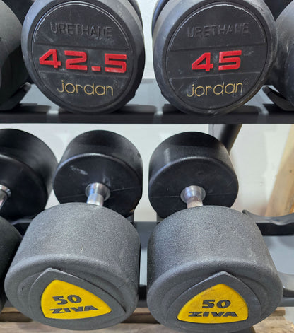 Jordan und Ziva 4 Paare Kurzhanteln aus Urethane 42,5 bis 50kg in 2,5kg Stufen - Material ähnlich Gummi bzw Polyurethane, gebraucht - mit Gebrauchsspuren