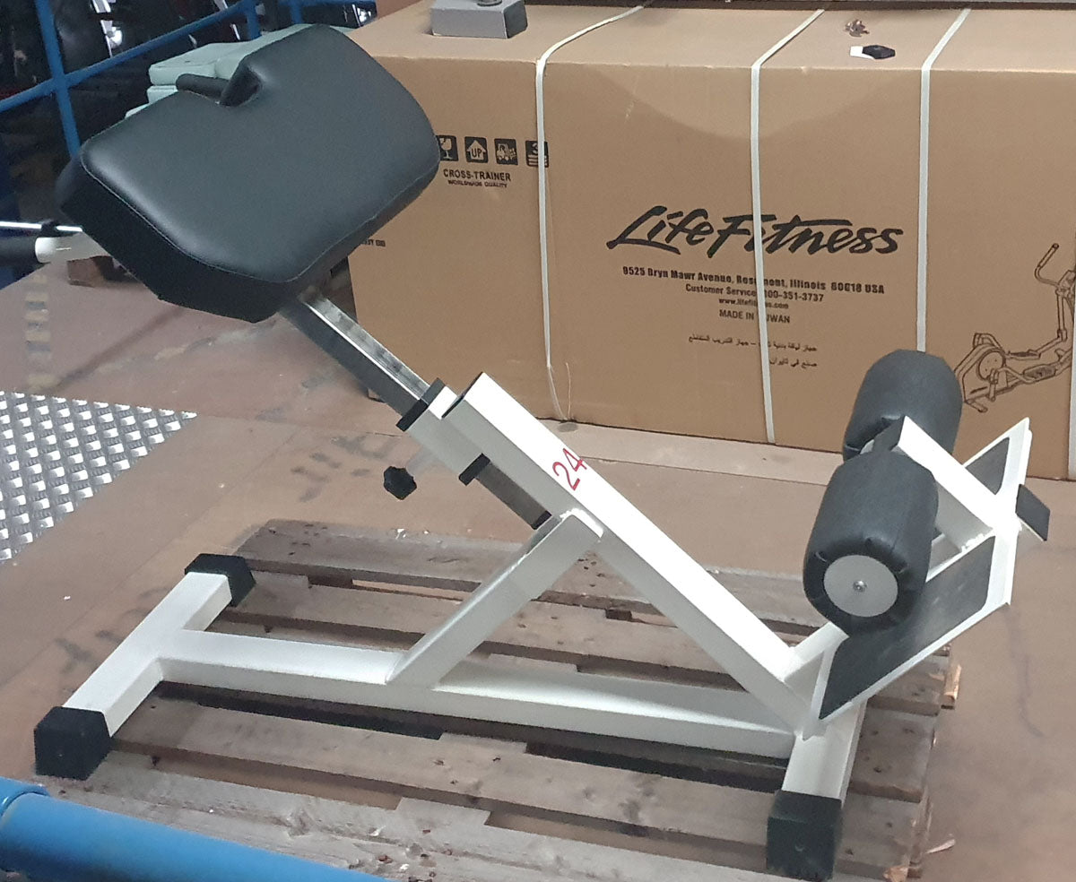 Back extension bench, hyperextension 45 degrees, frame white, upholstery black, used - refurbished condition