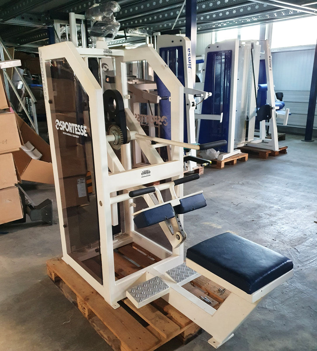 Sportesse Wadenmaschine sitzend, Seated Calf, Rahmen Weiß, Polster Blau, gebraucht mit Gebrauchsspuren - geprüfter Zustand