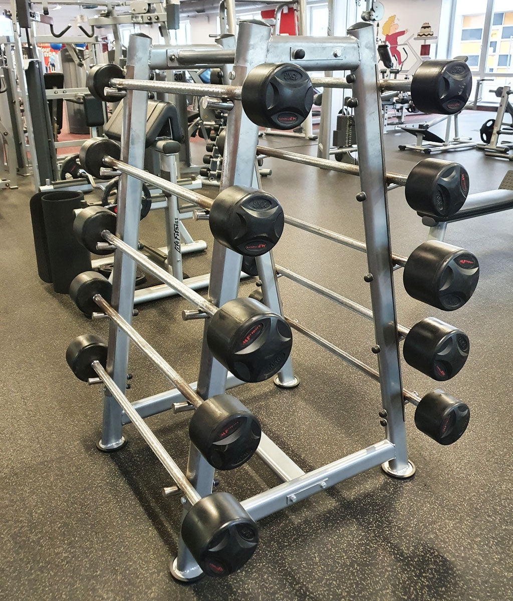 Langhantel Kompakt Set 15-40kg in 5kg Schritten, ähnlich SZ Langhanteln, inkl. Ständer, Ständerfarbe Silber, gebraucht