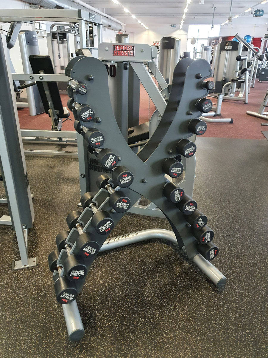 Hammer Strength Chrom Gummi Hantelsatz 1-10kg inkl. Ständer X Optik, Rahmenfarbe Mattgrau-schwarz, gebrauchter Zustand