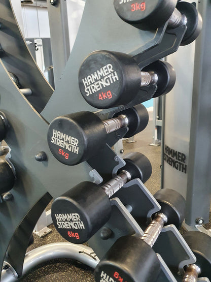 Hammer Strength Chrom Gummi Hantelsatz 1-10kg inkl. Ständer X Optik, Rahmenfarbe Mattgrau-schwarz, gebrauchter Zustand