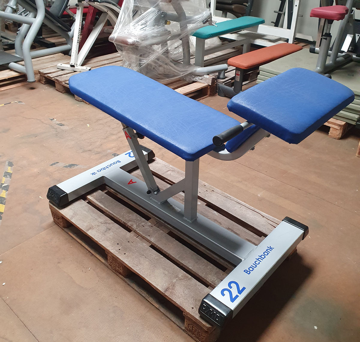 RMA Vorderer Rumpfheber, verstellbare Bauchbank, Abdominal Crunch Bench, Rahmenfarbe Silber-Grau, Polsterfarbe Blau, gebraucht - überholter Zustand