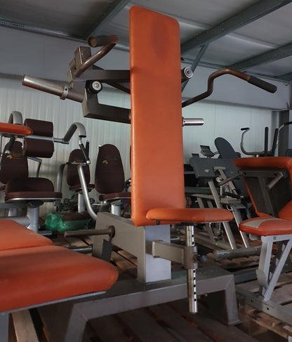 Gym80 Schulterpresse, Shoulder Press, Plate loaded, Rahmenfarbe Silber, Polsterfarbe Orange, gebraucht