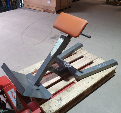 Gym80 back extension bench, 45 degrees, hyperextension, silver frame, brown upholstery, used with signs of wear