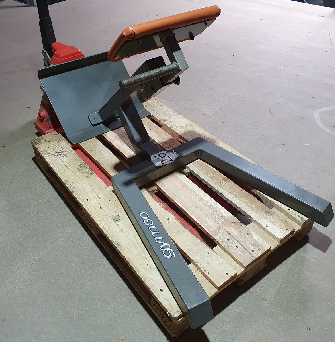 Gym80 back extension bench, 45 degrees, hyperextension, silver frame, brown upholstery, used with signs of wear