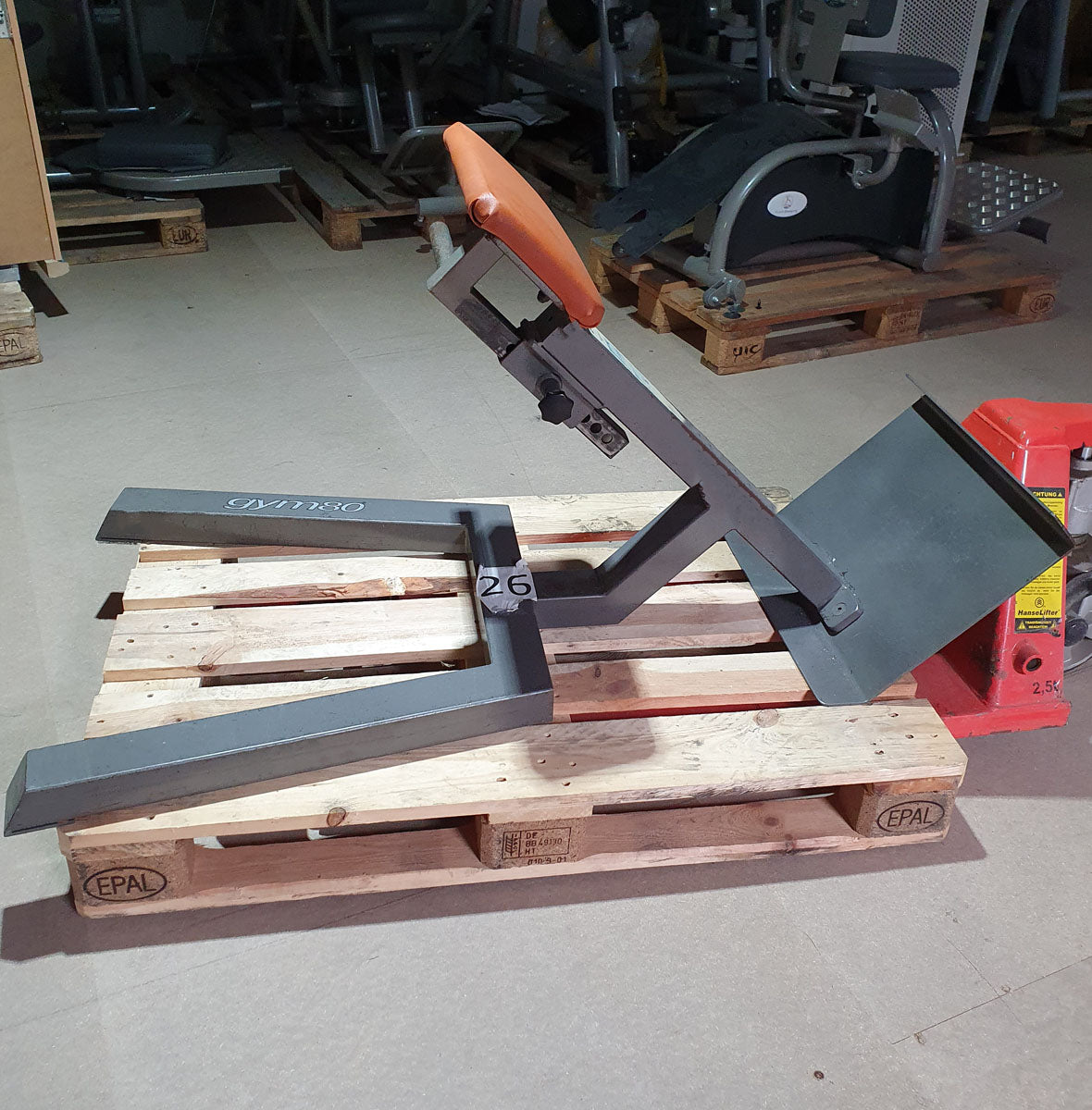 Gym80 back extension bench, 45 degrees, hyperextension, silver frame, brown upholstery, used with signs of wear