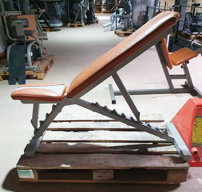 SportsArt universal bench adjustable, weight bench without storage, multi-adjustable bench, frame color silver, upholstery color orange, used - refurbished condition
