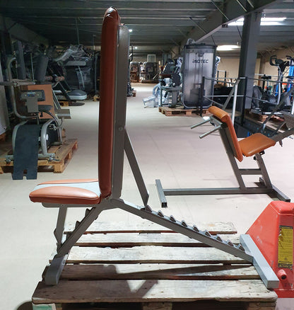 SportsArt universal bench adjustable, weight bench without storage, multi-adjustable bench, frame color silver, upholstery color orange, used - refurbished condition