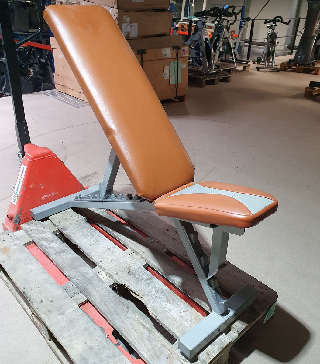 SportsArt universal bench adjustable, weight bench without storage, multi-adjustable bench, frame color silver, upholstery color orange, used - refurbished condition