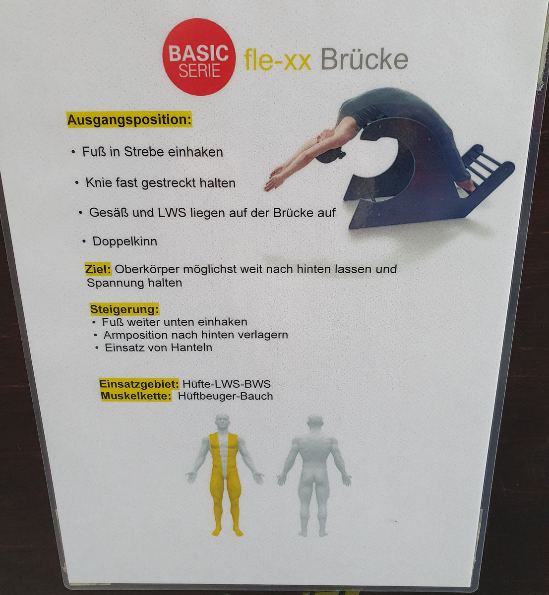 Fle-xx Brücke. Dehngerät, Hüftbeuger und Bauch, Basic Serie aus dunklem Holz, gebraucht