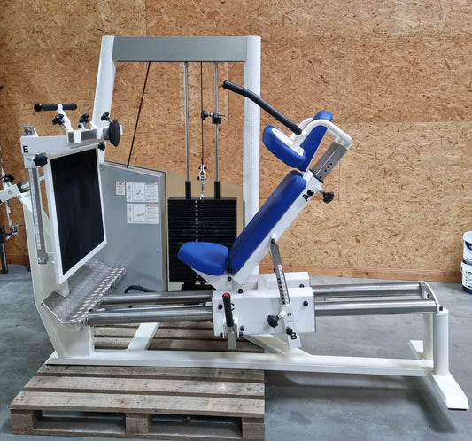 Kaphingst Funktionsstemme, verstellbare Beinpresse, mit Kippkreisel, MPG, Rahmenfarbe Weiß, Polsterfarbe Blau, gebraucht - überholter Zustand