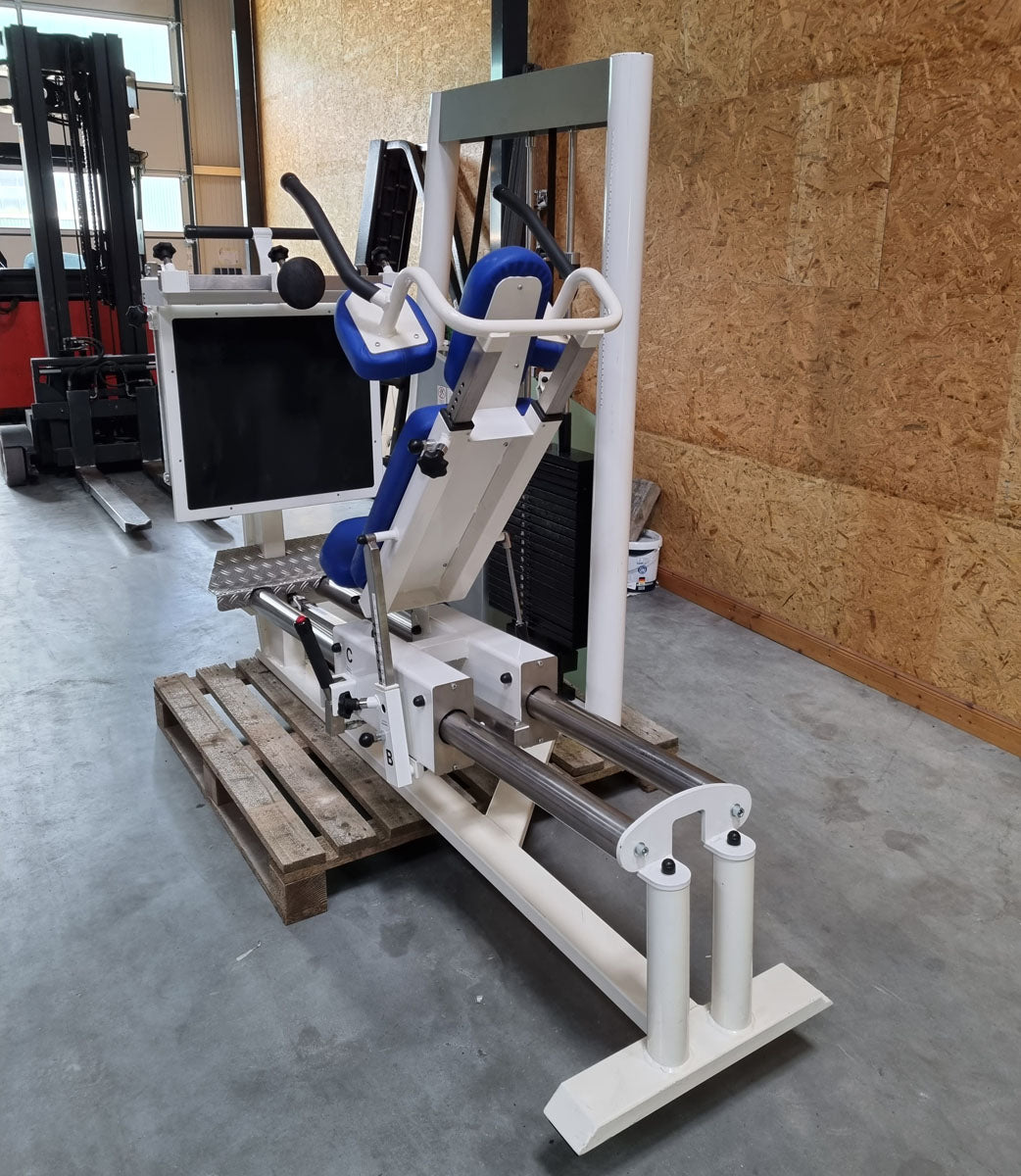 Kaphingst Funktionsstemme, verstellbare Beinpresse, mit Kippkreisel, MPG, Rahmenfarbe Weiß, Polsterfarbe Blau, gebraucht - überholter Zustand