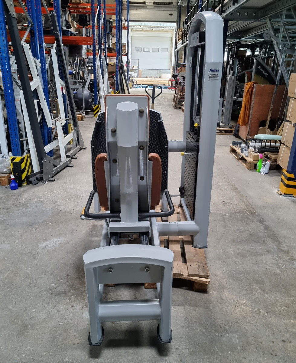 Jimsa Beinpresse sitzend, Leg Press, 220kg, Rahmenfarbe Silber, Polsterfarbe Braun, gebraucht - überholter Zustand