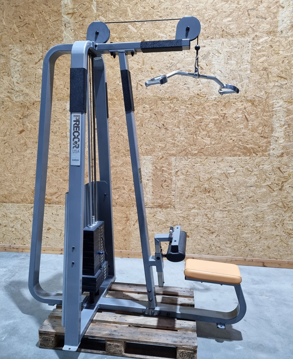 Precor lat pulldown machine from above, cable pulldown, lat pull, Icarian Line, frame color silver, used - refurbished condition