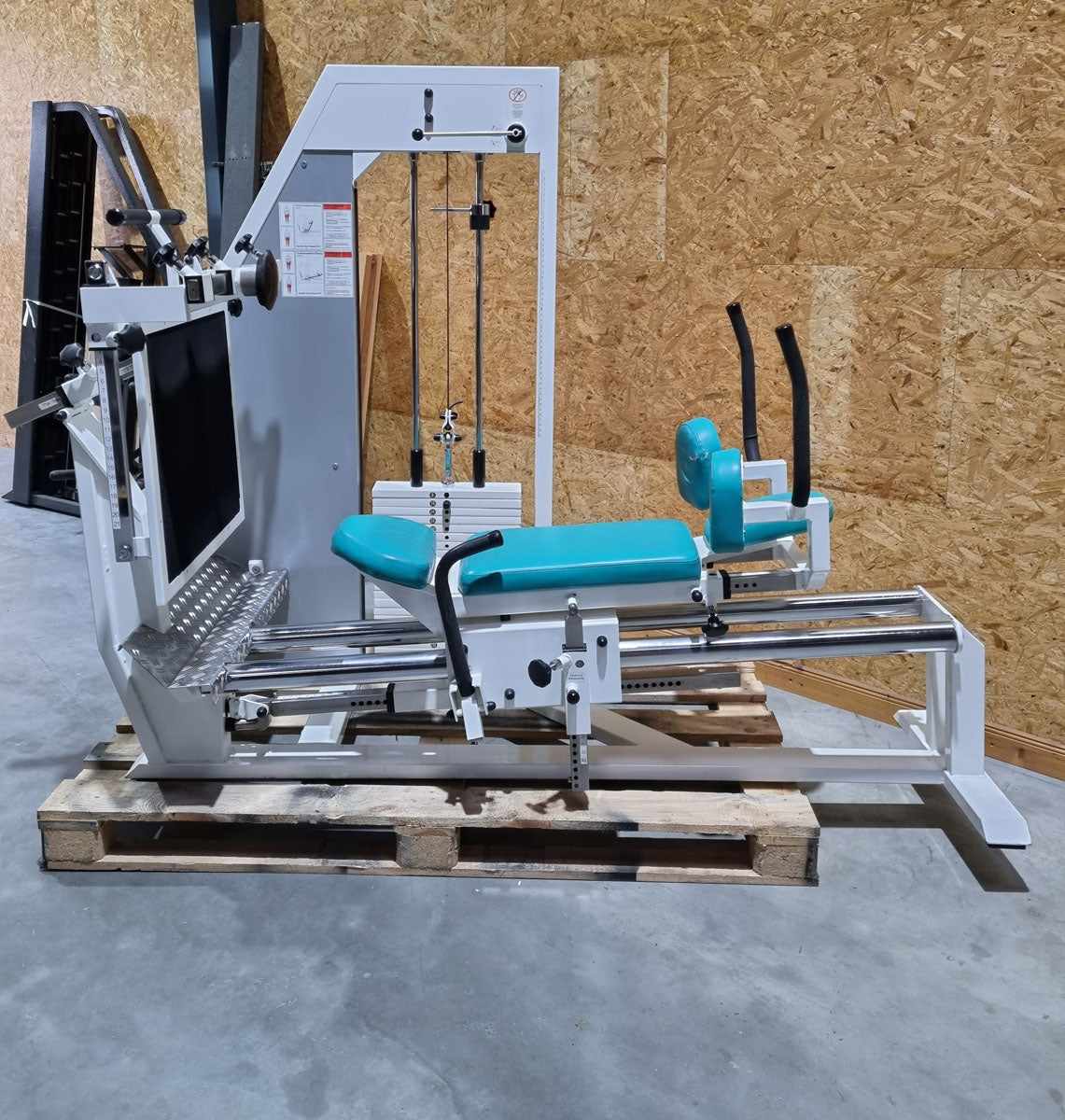 Kaphingst functional press, adjustable leg press, with tilting gyroscope, MPG, frame color white, upholstery color turquoise, used - refurbished condition