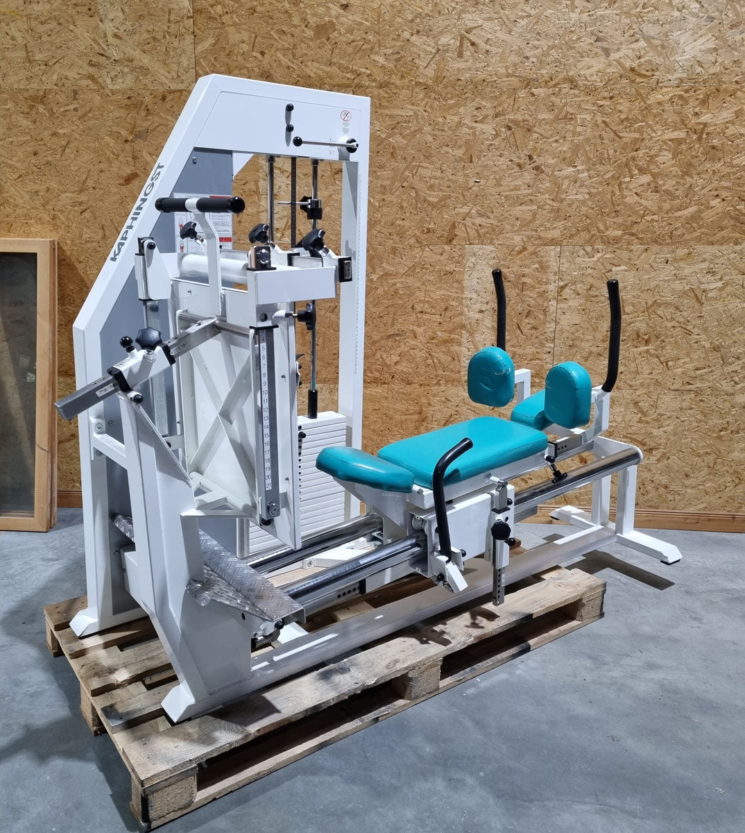 Kaphingst functional press, adjustable leg press, with tilting gyroscope, MPG, frame color white, upholstery color turquoise, used - refurbished condition