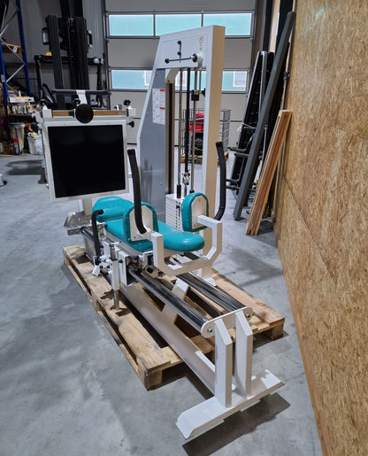 Kaphingst functional press, adjustable leg press, with tilting gyroscope, MPG, frame color white, upholstery color turquoise, used - refurbished condition