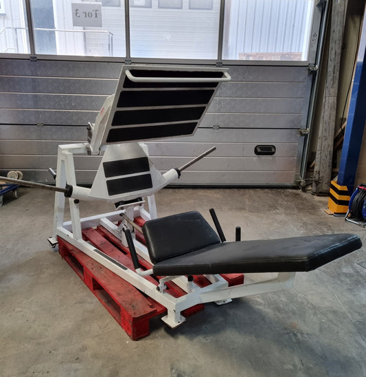 Leg press 45° plate loaded - 30mm disc holder - 50mm optional, frame color white, upholstery color black, used - refurbished condition
