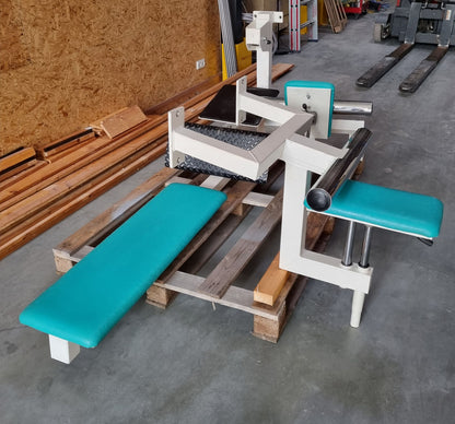 Gym80 - 4-station tower with belt, 4-stack multi-station, large weight blocks, frame color white, upholstery color turquoise, used - refurbished condition