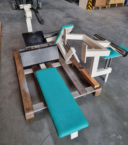 Gym80 - 4-station tower with belt, 4-stack multi-station, large weight blocks, frame color white, upholstery color turquoise, used - refurbished condition