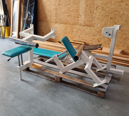 Gym80 - 4-station tower with belt, 4-stack multi-station, large weight blocks, frame color white, upholstery color turquoise, used - refurbished condition
