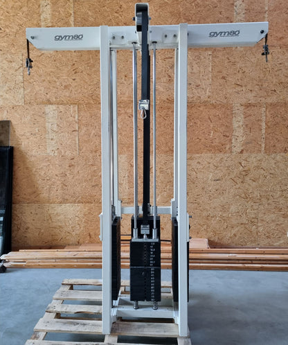 Gym80 - 4-station tower with belt, 4-stack multi-station, large weight blocks, frame color white, upholstery color turquoise, used - refurbished condition