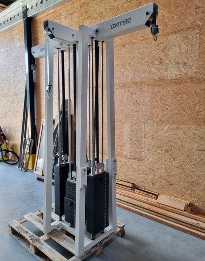 Gym80 - 4-station tower with belt, 4-stack multi-station, large weight blocks, frame color white, upholstery color turquoise, used - refurbished condition