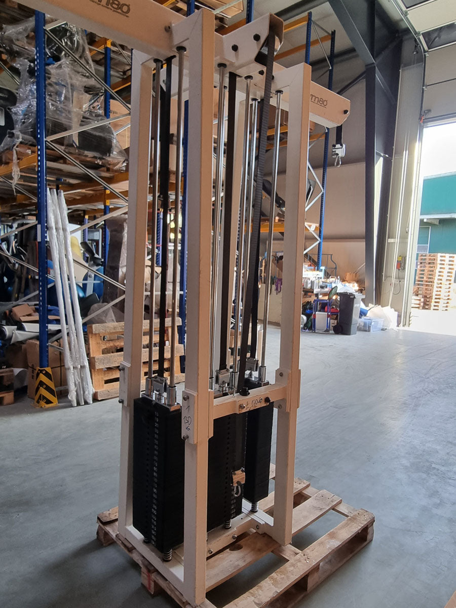 Gym80 - 4-station tower with belt, 4-stack multi-station, large weight blocks, frame color white, upholstery color turquoise, used - refurbished condition