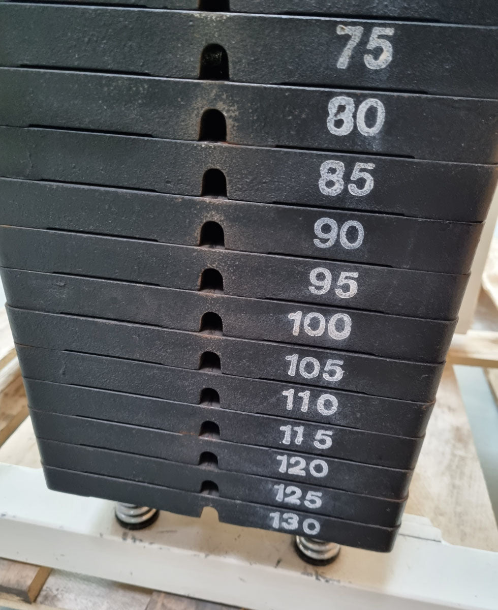 Gym80 - 4-station tower with belt, 4-stack multi-station, large weight blocks, frame color white, upholstery color turquoise, used - refurbished condition