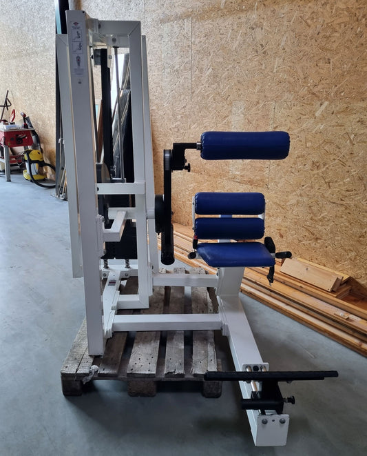 Gym80 Rückenstreckermaschine, Hyperextension, verstellbar, Rahmenfarbe Weiß, Polsterfarbe Blau, gebraucht - überholter Zustand