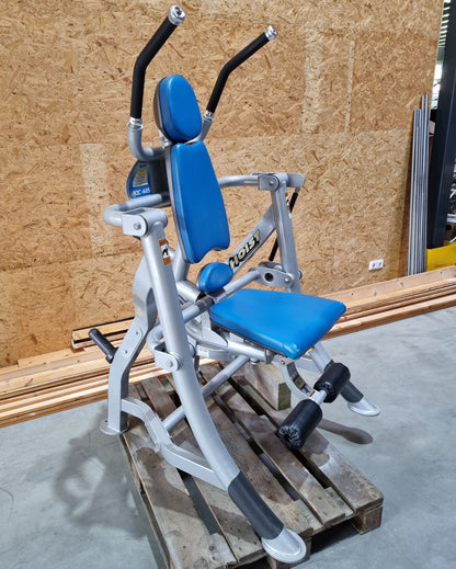 Hoist Roc-Abs Machine, Roc it Series Abdominal Crunch, Plate loaded, Rotation, Frame color silver, Upholstery color blue, used - refurbished condition