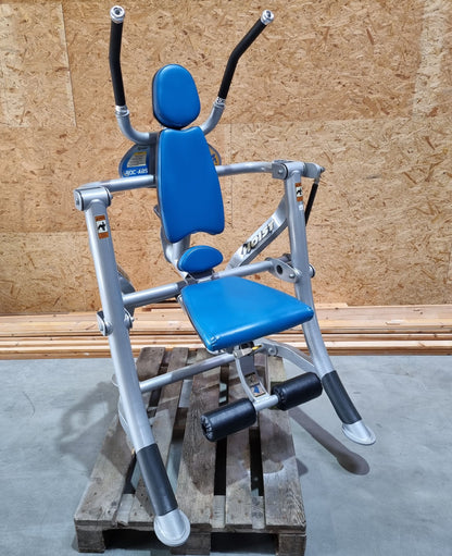 Hoist Roc-Abs Machine, Roc it Series Abdominal Crunch, Plate loaded, Rotation, Frame color silver, Upholstery color blue, used - refurbished condition