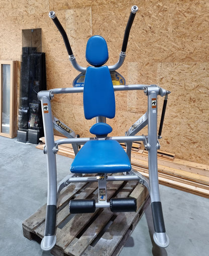 Hoist Roc-Abs Machine, Roc it Series Abdominal Crunch, Plate loaded, Rotation, Frame color silver, Upholstery color blue, used - refurbished condition