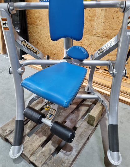Hoist Roc-Abs Machine, Roc it Series Abdominal Crunch, Plate loaded, Rotation, Frame color silver, Upholstery color blue, used - refurbished condition
