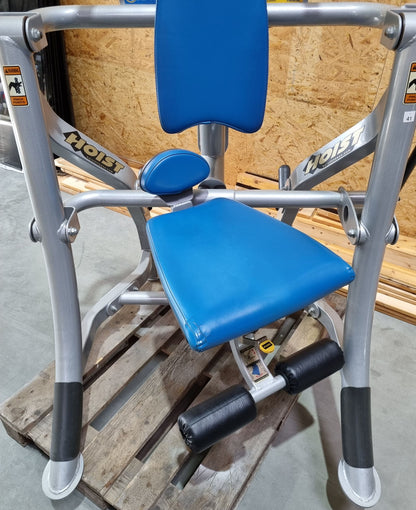 Hoist Roc-Abs Machine, Roc it Series Abdominal Crunch, Plate loaded, Rotation, Frame color silver, Upholstery color blue, used - refurbished condition