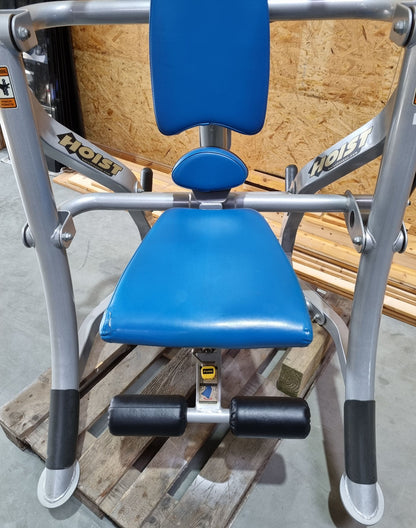 Hoist Roc-Abs Machine, Roc it Series Abdominal Crunch, Plate loaded, Rotation, Frame color silver, Upholstery color blue, used - refurbished condition