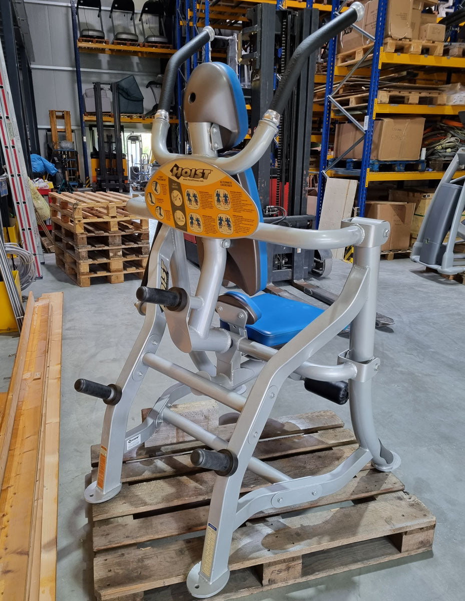 Hoist Roc-Abs Machine, Roc it Series Abdominal Crunch, Plate loaded, Rotation, Frame color silver, Upholstery color blue, used - refurbished condition